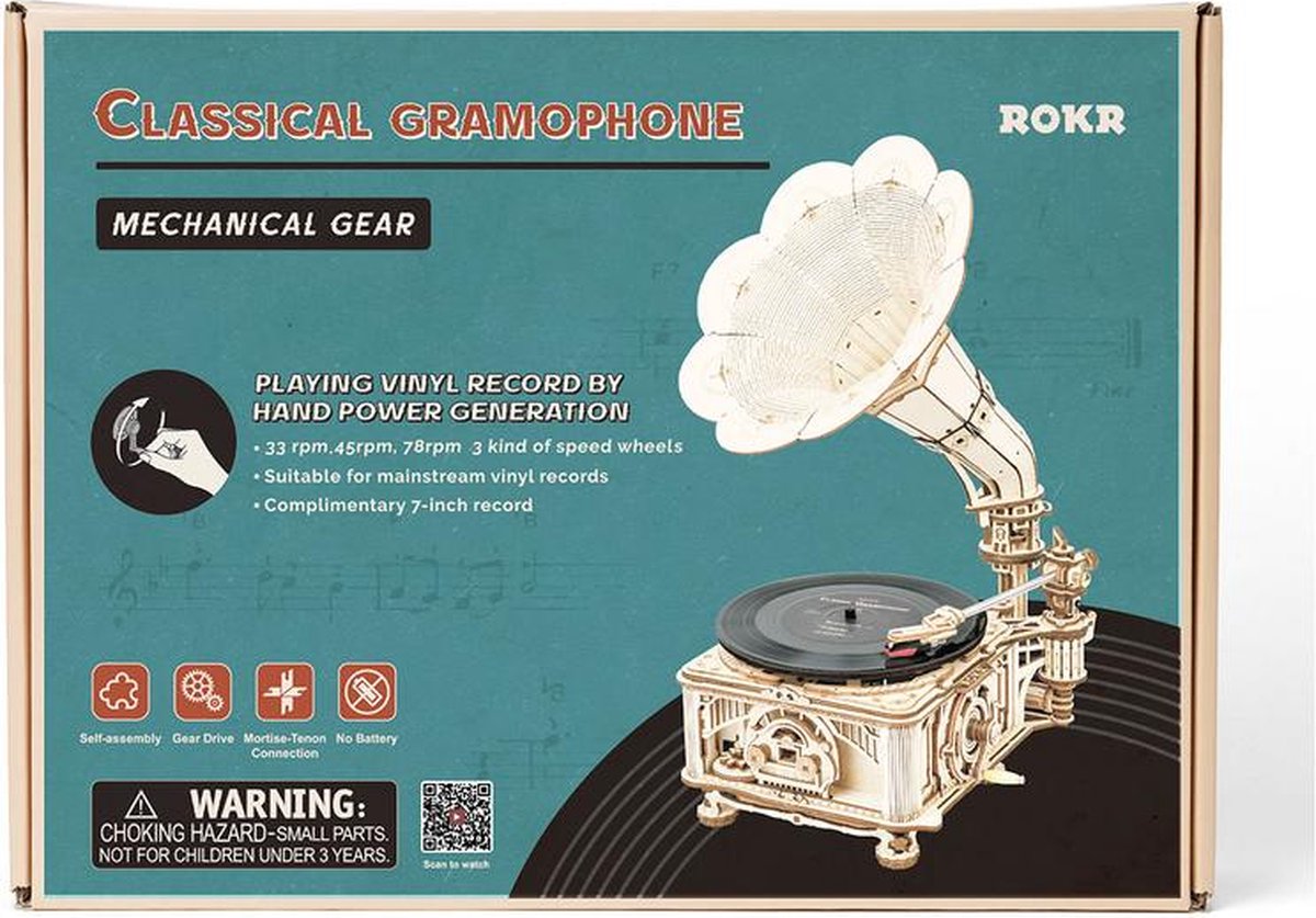 Houten bouwpakket - Classical gramophone - elektrisch model - 424 onderdelen - ROKR
