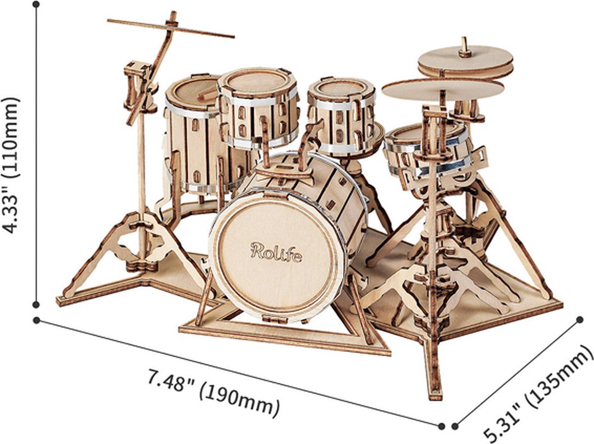 Houten bouwpakket - Drum kit - 246 onderdelen - Rolife