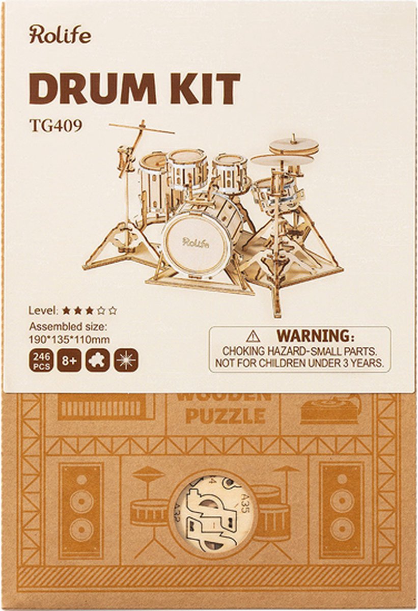 Houten bouwpakket - Drum kit - 246 onderdelen - Rolife