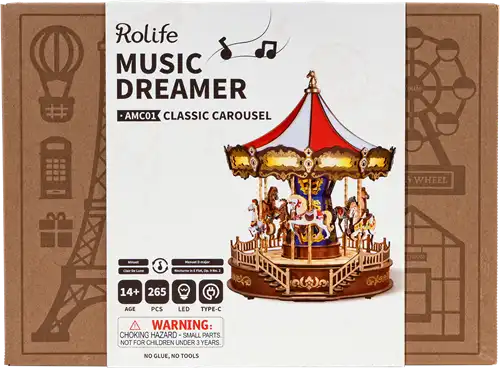 Houten bouwpakket - Muziekdoosje - Classic Carousel - 265 onderdelen - Rolife